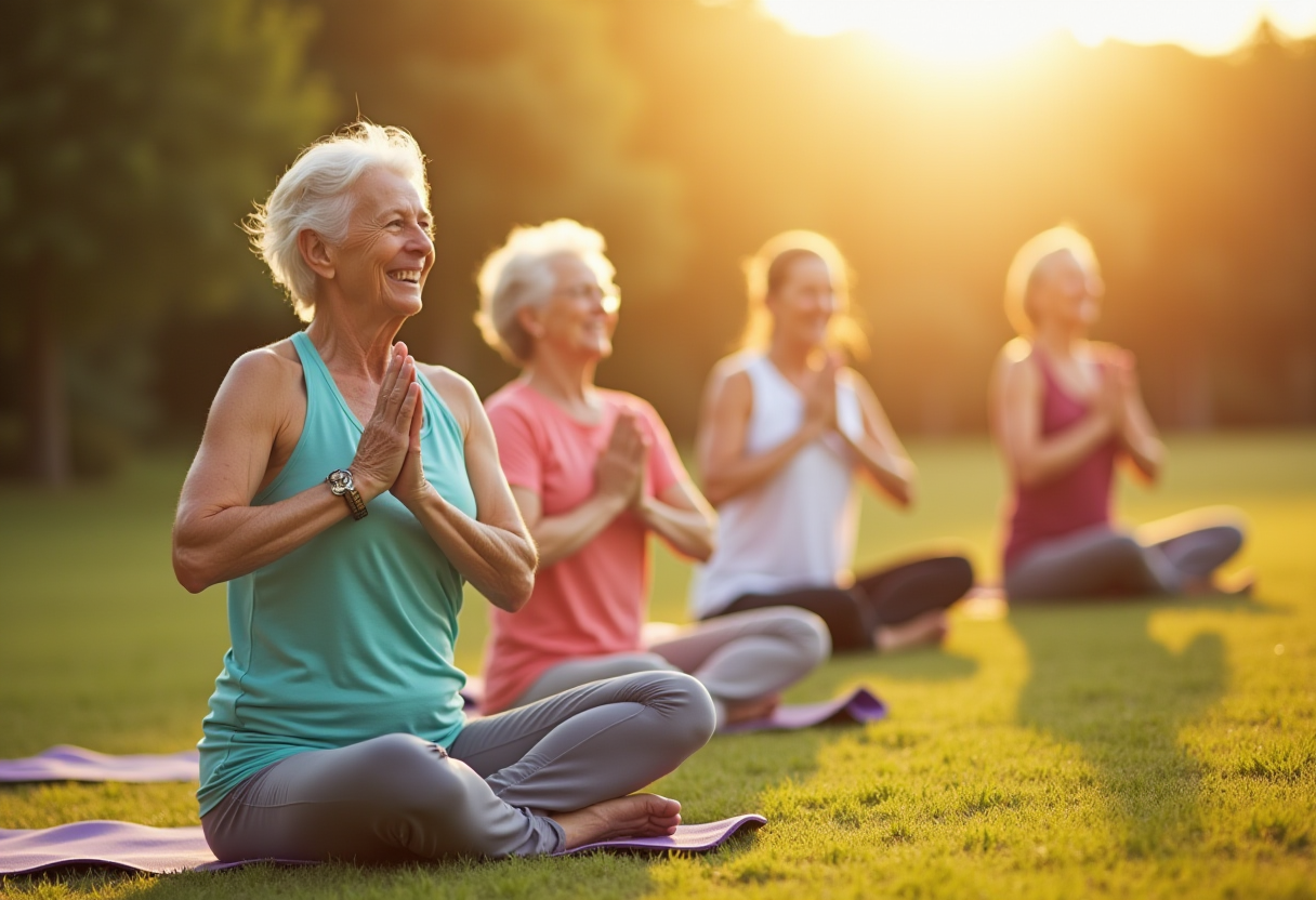 Група людей зрілого віку на занятті йогою